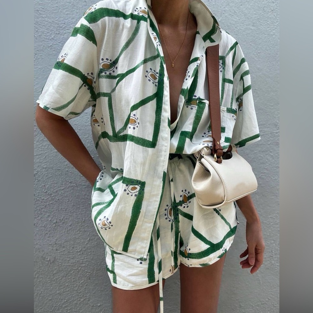 NWT Commense Linen Blend Green and White Patterned Short and Shirt Set